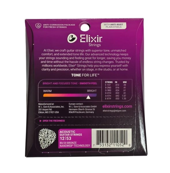 Elixir Strings 11052 Nanoweb 80/20 Bronze Acoustic Guitar Strings, Light, 12-53 Gauge - Image 2