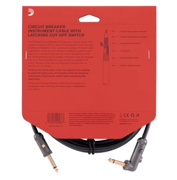 D'Addario PW-AGLRA-10 Circuit Breaker Instrument Cable, Straight to Right-Angle with Latching Switch, 10ft. - Image 4