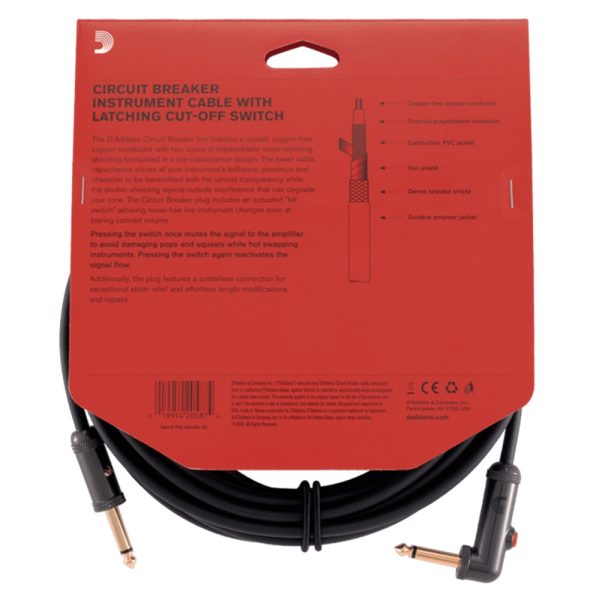 D'Addario PW-AGLRA-20 Circuit Breaker Instrument Cable, Straight to Right-Angle with Latching Switch, 20 ft. - Image 4