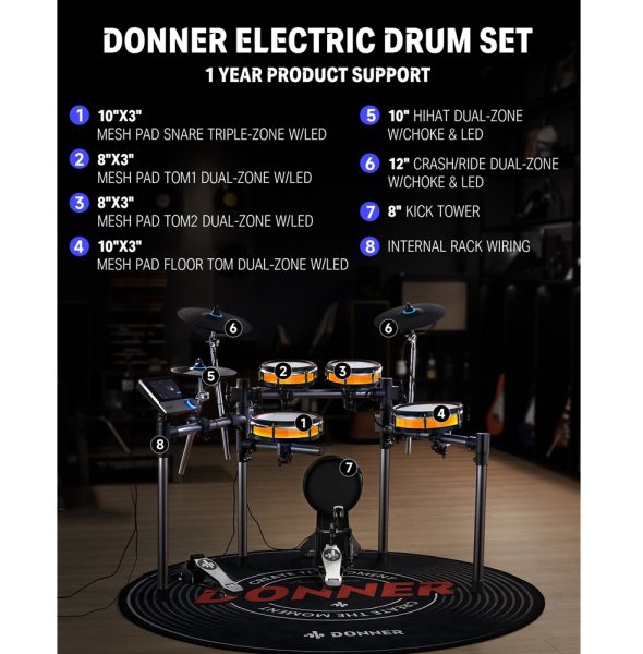 Donner EC6788 BackBeat Electronic Drum Set with Bench & Drumstick - Image 5