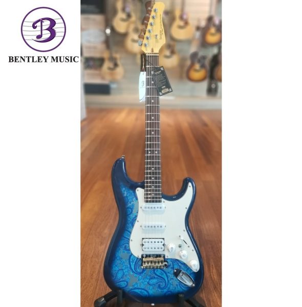 SQOE SEST1100-BL Custom Boutique Kaston Paisley Series HSS Electric Guitar, Paisley Blue