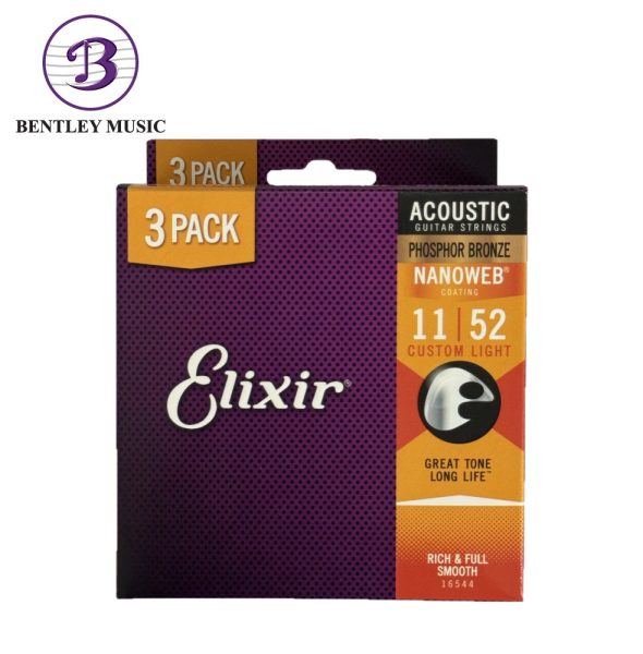 Elixir Strings 16544 Nanoweb Phosphor Bronze Acoustic Guitar Strings, Custom Light, 11-52, 3 Pack