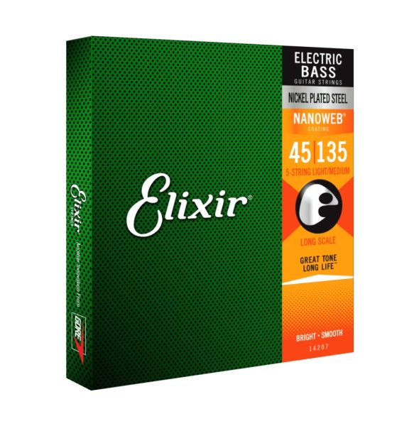 Elixir Strings 14207 Nanoweb Nickel Plated Steel Electric Bass Strings, Light/Medium, Long Scale, 45-105 Gauge 5 String - Image 3