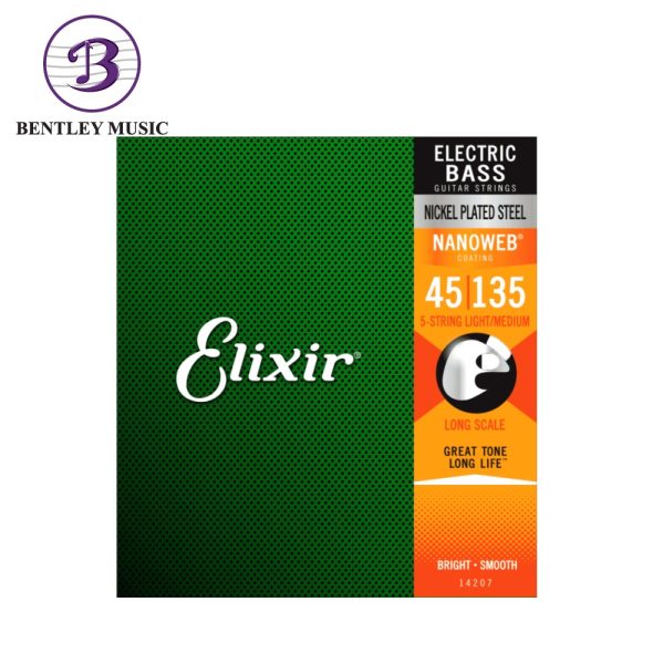 Elixir Strings 14207 Nanoweb Nickel Plated Steel Electric Bass Strings, Light/Medium, Long Scale, 45-105 Gauge 5 String